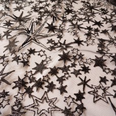 Ткань Сетка с вышивкой звезды (черный)